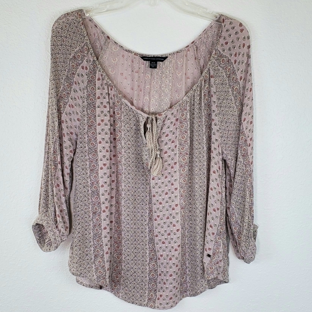 AMERICAN EAGLE Tan Top w/Orange & Cream Print, M